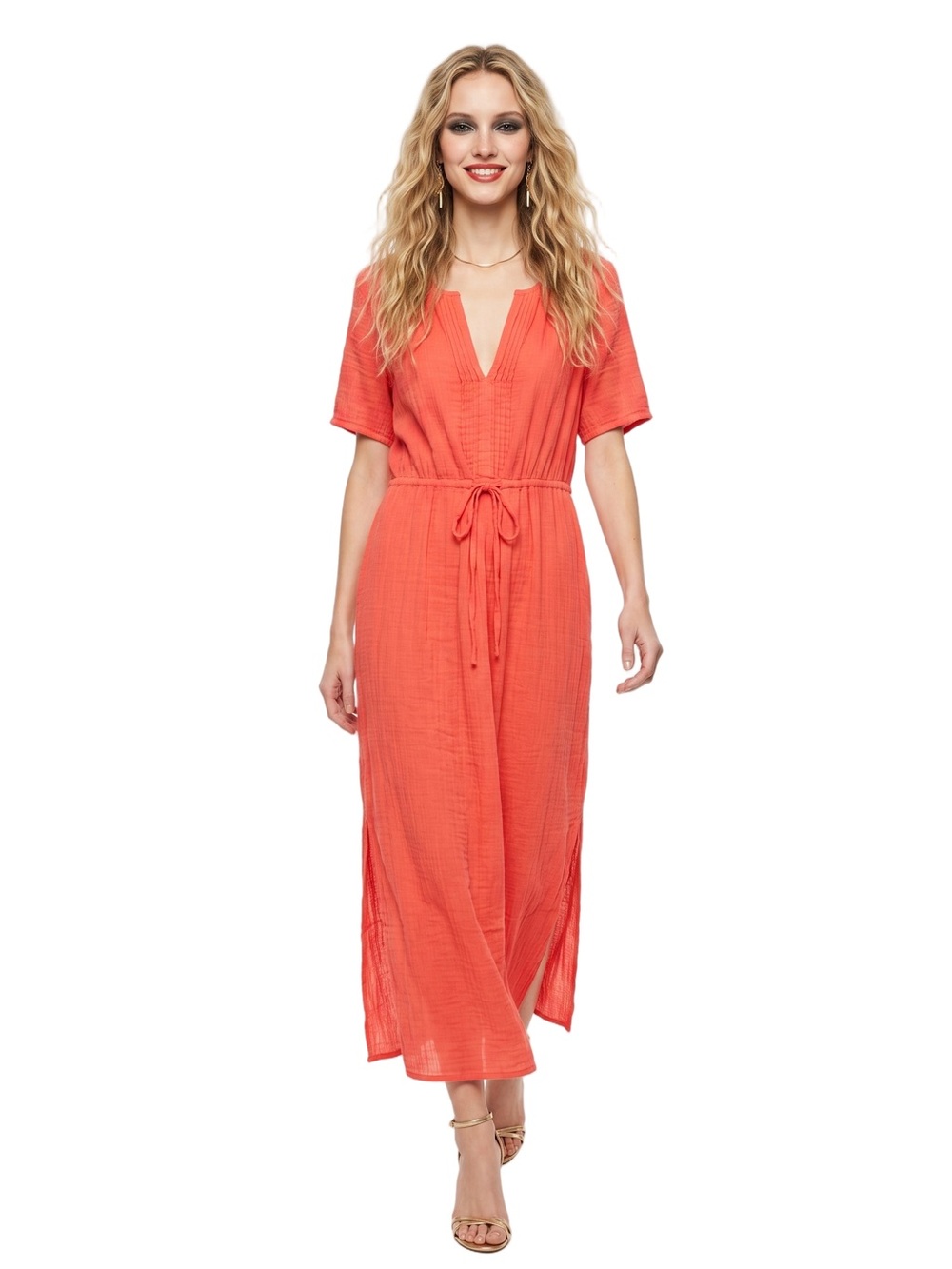 PURE COLLECTION Red Vneck Short sleeve Maxi Dress Dainty Pleats Drawstring waist